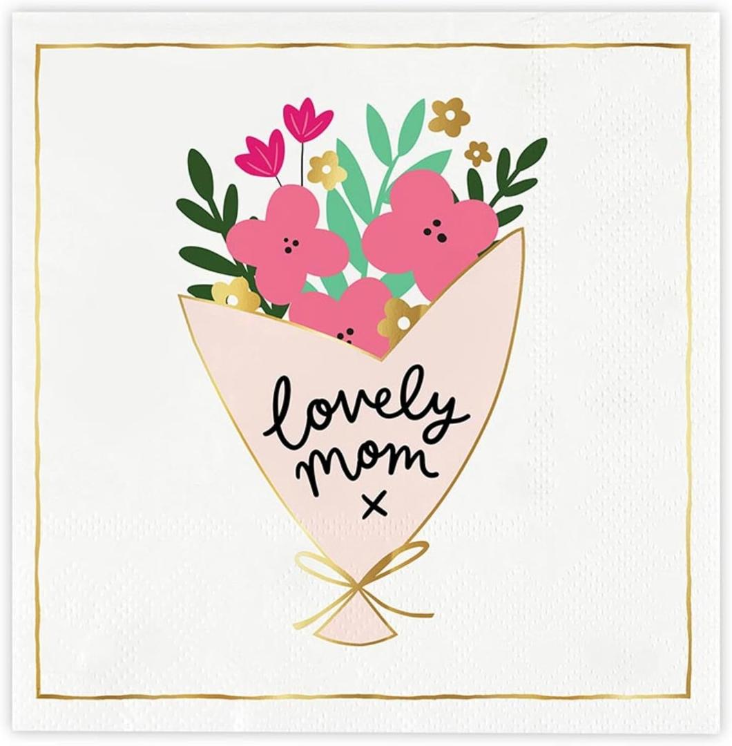 4 x Slant Collections Mother's Day Party Beverage/Cocktail Foil Disposable Paper Napkins, 20-Count, Lovely Mom