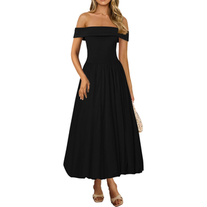 PRETTYGARDEN Womens Summer Off Shoulder Sleeveless Midi Dress Cocktail A Line Flowy Wedding Guest Dresses with Pockets, Small