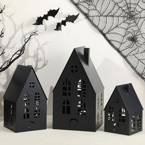 Beeveer Halloween Village Black Metal Houses Tabletop Decor Set of 3 Metal Pre-lit Halloween Haunted House Decor Sculpture Town Candle Lanterns for Parties & Events