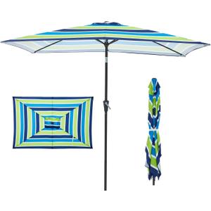 JEAREY 6.5x10 ft Rectangular Patio Umbrellas Rectangle Outdoor Umbrella with Push Button Tilt and Crank, Market Table Umbrella 6 Sturdy Ribs UV Protection for Poolside Garden Backyard Deck, Blue-Green Stripe