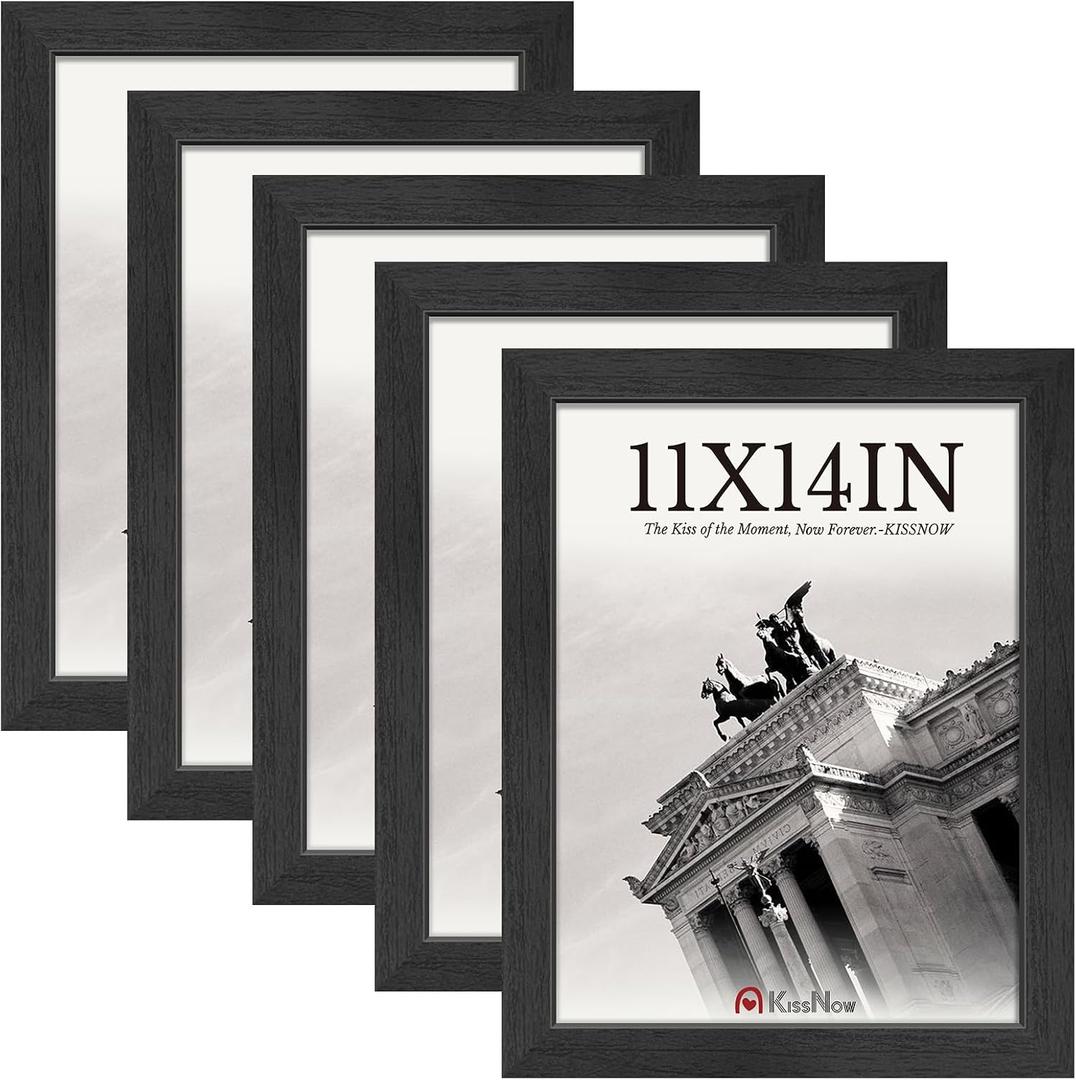 11x14 Picture Frame 5-Pack - Black Wooden 14x11 Frames with Tempered Glass, Classic Gallery Design for Photos & Artwork, Horizontal or Vertical Wall Mounting