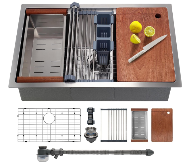 27 Inch Undermount Kitchen Sink with Quiet Drain - 11 Gauge Stainless Steel, Single Bowl - Multifunctional Handmade Modern Integrated Ledge Workstation Set 