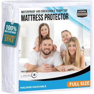 Utopia Bedding Waterproof Mattress Protector Full Size, Premium 200 GSM Terry Mattress Cover, Soft & Breathable Bed Cover, Fitted Sheet Style with Stretchable Deep Pockets 15" (White)
