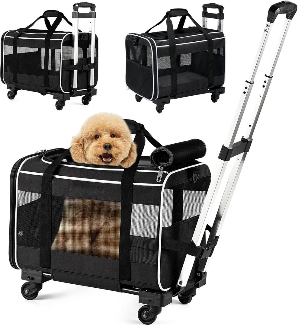 Pet Carrier with Wheels, Rolling Travel Bag with Retractable Handle, Mesh Ventilation, Black
