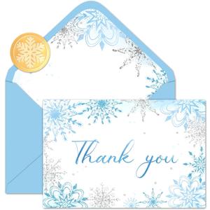 Whaline 50 Pack Christmas Thank You Cards Blue Glitter Snowflake Greeting Cards Boxed Blank Note Card with Envelope Sticker for Winter Xmas Baby Shower Party Invitation Supplies, 4 x 6 Inch