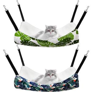Jetec 2 Pack Cat Hammock for Cage, Catio Accessories Reversible Soft Cats Bed with Adjustable Straps and Hooks Double-Sided Linen and Fleece Hanging Hammock for Cats, Kitten(Monstera Leaf, L)