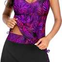 Daci Tankini Swimsuit for Women Tummy Control Bathing Suits with Skirt Two Piece Drawstring Tank Top with Swimdress (Large, Purple Leaf)