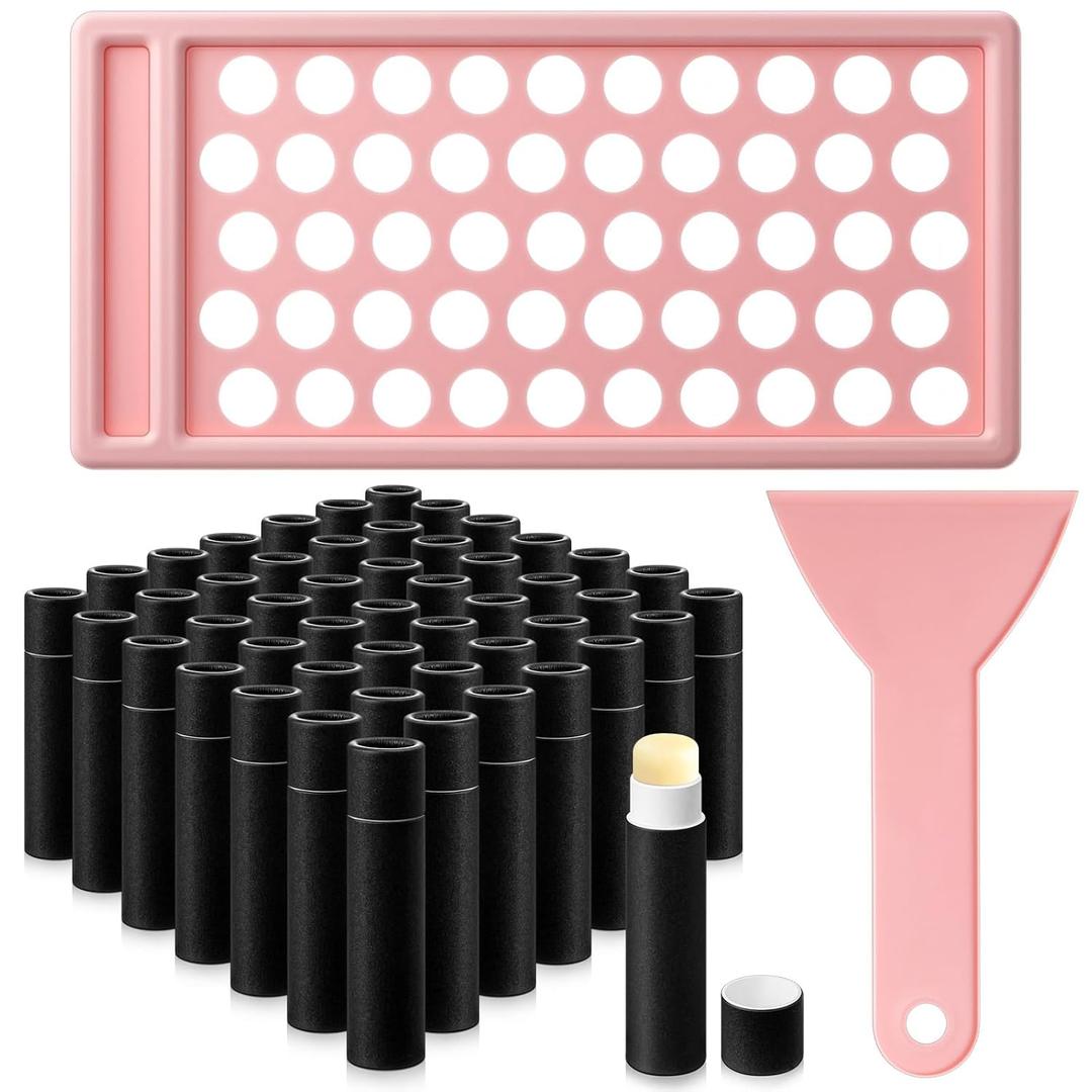 50 Pcs Paperboard Lip Balm Tubes with Filling Tray and Spatula Set 0.176 Oz/5g Black Empty Cardboard Lipstick Tubes for Lip Gloss Container DIY for Lipstick Gloss Deodorant Solid Perfume