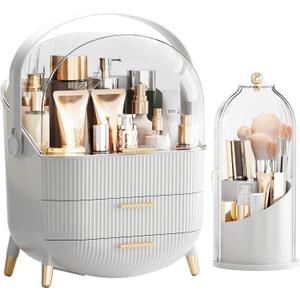Makeup Organizers Countertop, Makeup organization for Vanity, Cosmetic Storage with Lid and Drawers, Skincare Display Cases with for Desktop, Bathroom (White)