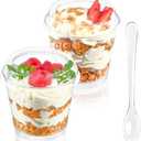 TOFLEN 6 oz Mini Dessert Cups with Lids and Spoons 150 Pcs | Serves 50 | Small Plastic Cake Cups Round Party Serving Cups for Parfait, Appetizers, Mousse, Dessert Shot Glasses