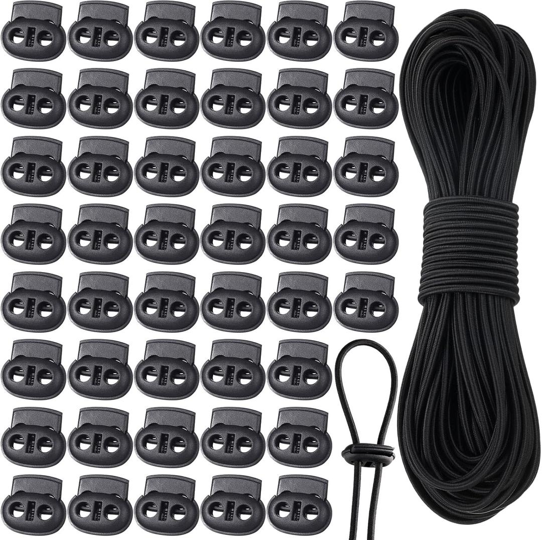 Patelai 50 Pieces Cord Locks Spring Toggles Stoppers Plastic Single Hole End Stopper Slider and 1/8 Inch 66 Feet Elastic Bungee Cord for Drawstring Shoelaces Clothing Bags(Black, Simple Style)