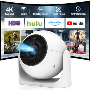 [Auto Focus] Mini Portable Projector with WiFi and Bluetooth, Built-in Apps Smart Projector 4K Support, 180 Rotation Auto Keystone, Home Outdoor Movie Projector Compatible with TV Stick/Phone/Laptop (White ball)