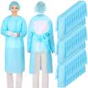 TrelaCo 30 Pack Disposable Isolation Gowns PPE Gowns Set with Sleeves Thumb Loops Waist Ties 46 Inch Large Waterproof CPE Odorless Disposable Gown for Home Isolation, Lab, Dental, Beauty (Blue)