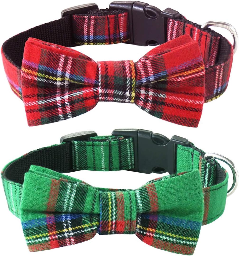 Malier Dog Collar with Bow tie Christmas Classic Plaid Dog Collar with Light Adjustable Buckle Suitable for Large Dogs Cats Pets (Large, 2 Pack)