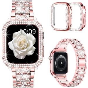 Mosonio Compatible with Apple Watch Band with 2 Pack Case Women, Jewelry Replacement Metal Bands Strap with Bling PC Protective Case for iWatch Ultra SE Series (42mm (Series 11/10)