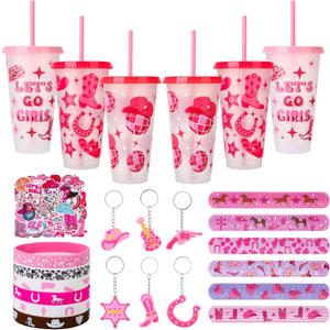 76 Pcs Cowgirl Party Favors Hot Pink Birthday Supplies for Girls with Cowgirl Cups Keychains Silicone Wristbands Slap Bracelets Stickers for Kids Adult