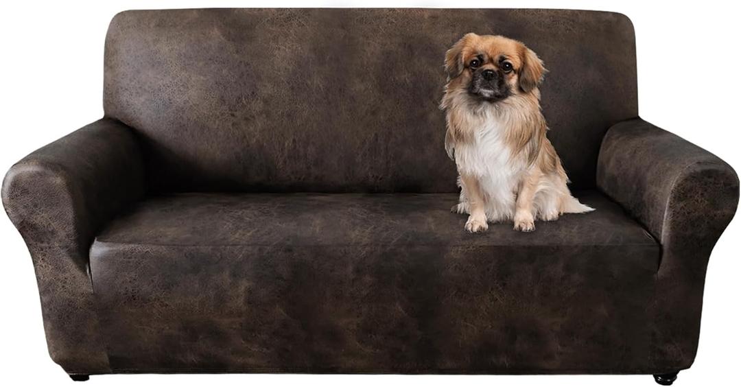 Loveseat Covers, Couch Covers for 2 Cushion Couches, Stretch Sofa Covers with Leather-Like Texture, Washable, Non-Slip 1-Piece for Dogs, Cats and Kids (Loveseat, Brown)