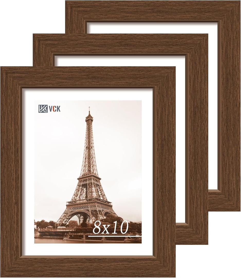 VCK 8x10 Picture Frame Set of 3, Brown Wood Frames, Gallery Wall Decor Photo Frames for Wall Mounting Horizontally or Vertically