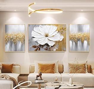 Hand-Painted Flower Oil Painting for Living Room, Framed 3D Gold and White Abstract Wall Art for Bedroom, Large 3 Pieces Floral Wall Painting for Office Home Decor 24x64 inches