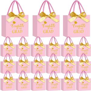 Moinchore 30 Pcs Graduation Gift Bags Bulk 5.5 x 4.7 x 2.5'' Small Rose Gold Class of 2026 Treat Bags with Handles Bow Ribbon Congrats Grad Paper Party Favor Decorations for College High School