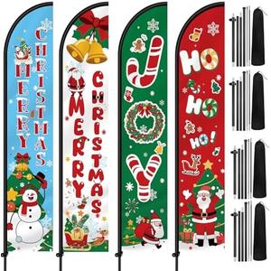 Remagr 4 Pcs Christmas Feather Flag Set 12 ft Tall Merry Christmas Ho Ho Joy Banner Sign with Poles and Ground Spike for Xmas Holiday Decorations Outdoor Garden Shop Business Promotion