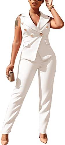 Dmoled Women's Business Blazer Suit Ruffles Sleeveless Solid Two Piece Pant Set Professional Work Outfit for Office Size 20