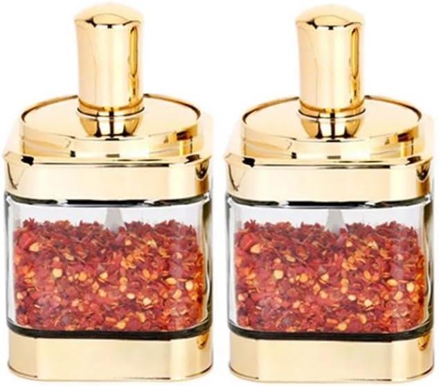 Glass Condiment Spice Jars, 2PC Container with Lids and Spoons, Sugar Bowls Seasoning Box Set, Best Spice jar for Your Home, Kitchen, Counter (Gold(11oz/320 ml))