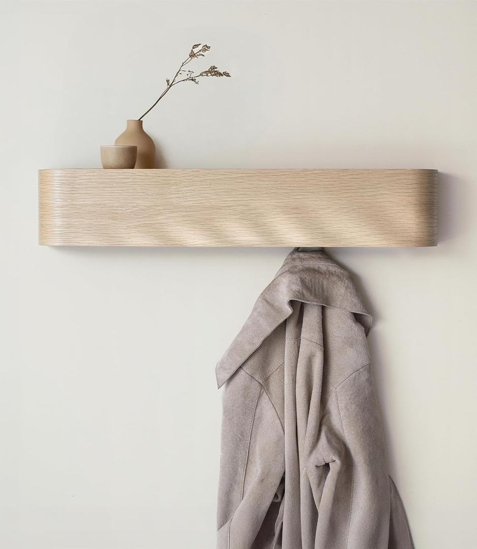 Wall-Mounted Coat Rack 'Toke' - Modern Design Coat Rack with Hidden Wall Hooks - Solid Wood Veneer Panel Coat Hanger - Oak, White