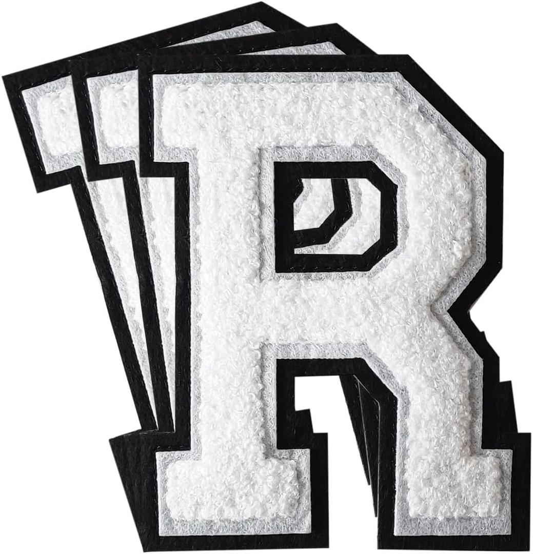 3Pcs Chenille Letter Patches Iron on Patches Varsity Letter Patches Chenille Embroidered Patch Sew On Patches for Clothing Hat Bags Jackets Shirt (White, R)
