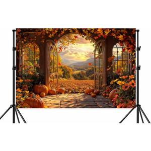 10X8ft Fall Window Photography Backdrop Autumn Forest Rustic Yellow Pumpkin Harvest Hay Sunset Natural Scenery Maple Leaves Harvest Banner Decoration Studio Props Party Backdrop (Red)