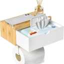 Domax Toilet Paper Holder with Shelf - Wall Mount/Adhesive Bathroom Toilet Paper Holder,Bamboo Wood Tissue Toilet Roll Holder with Storage Drawer for Organizer Wipes,Fits Any Room Bamboo+White, Medium