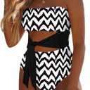 Viottiset Women's Bandeau One Piece Swimsuit Strapless Tie High Cut Out Bathing Suit (Medium, Black and White)