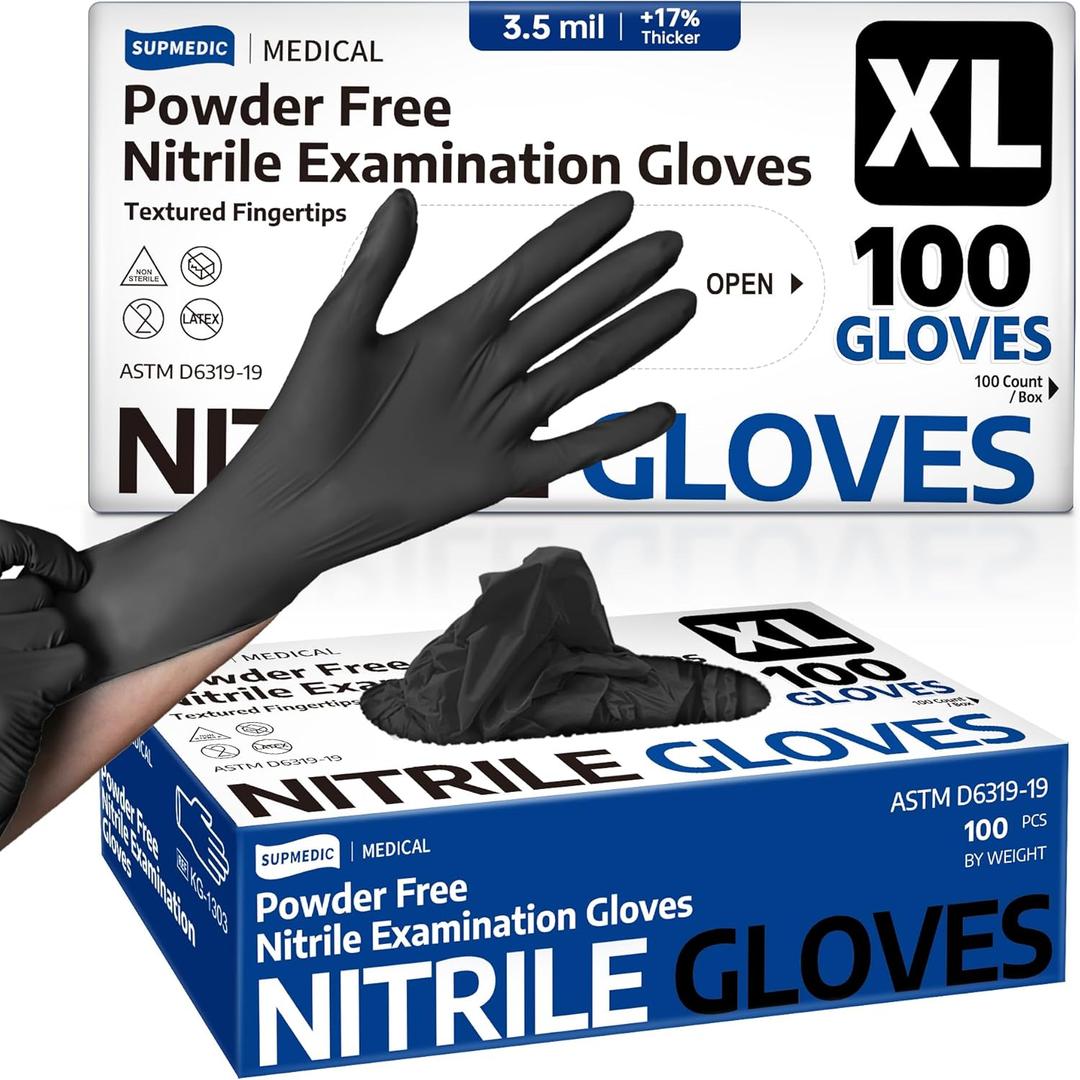 Supmedic Disposable Nitrile Gloves, Chemical Resistant, Powder-Free, Latex-Free, Food Safe, Medical Exam Gloves, Black, X-Large, 2 Pack of 100 Pcs