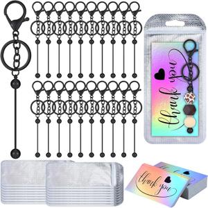 Sasylvia 60 Pcs Beadable Keychain Bars Bulk Making Kit 20 Beaded Keychain 20 Bag 20 Thank You Cards for DIY Keyrings Charms(Black)