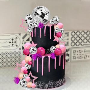 DRWATE Pink Disco Ball Cake Topper Mirror Balls Cake Decorations with pink Stars Cake Topper for 70s 80s Disco Dance Party Saturday Night Fever Supplies (Pink)