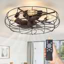 LEDIARY 23 Inch Caged Ceiling Fan with Light, Flush Mount Low Profile with Remote Control, Farmhouse Industrial Bladeless Fan Light for Bedroom, Kitchen, Indoor