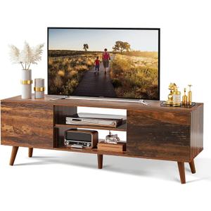 WLIVE TV Stand for 55 60 inch TV, Mid Century Modern TV Console, Entertainment Center with Storage for Living Room, Retro Brown 