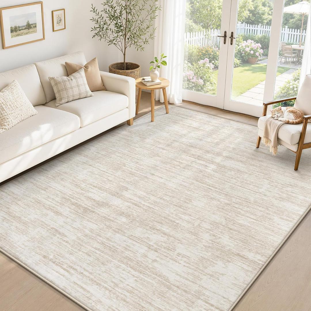 6x9 Area Rugs Living Room Rug: Washable Modern Abstract Rugs Neutral Non Slip Rug Soft Low Pile Indoor Bedroom Carpet for Nursery Office Dining Room Kids Room (Beige, 6'x9')