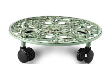 1 Pack 14 Inch Rolling Plant Stand with Wheels Metal Plant Caddy with Wheels Heavy Duty Round Plant Stand Indoor Iron Plants Rollers for Plants, Plant Dolly Retro Green