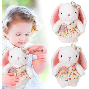 Meooeck Flower Girl Stuffed Animal Bunny Plush Toy with Embroidered Flower 10" Cute Bunny Doll Bride Gifts for Wedding Party Proposal Decorations (2 Pcs)