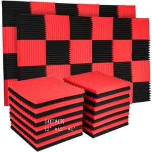 50 Pack Acoustic Panels Soundproof Studio Foam for Walls Sound Absorbing Panels Sound Insulation Panels Wedge for Home Studio Ceiling, 1" X 12" X 12" (Black&Red)