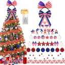 4th of July Christmas Tree Decorations Set with LED Light - Patriotic Red White and Blue Hanging Ornaments, Star Garland & Wreath Bow Tree Topper for Independence National Memorial Day Party
