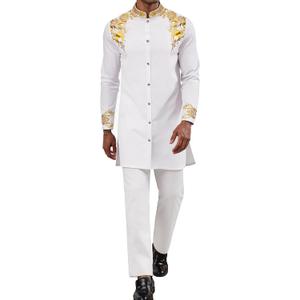 Mens Long African 2 Piece Set Nigerian Dashiki Metallic Traditional Suit Gold Stamp Printed Shirt and Pants Outfit (X-Large, White)
