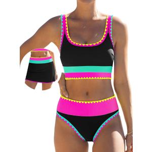popvil High Waisted Bikini Sets for Women Tummy Control Swimsuits 3 Piece Bathing Suits Neon Swimwear with Skirt 2026, Black Large