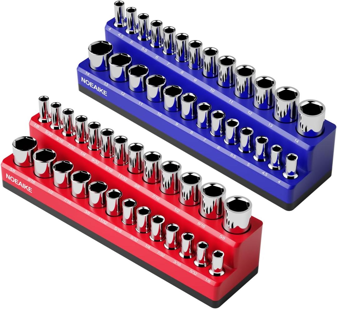 1/4 Inch Magnetic Socket Organizer,2-Pack Metric &SAE Sockets Holder Set 1/4" Drive Socket Trays,Holds 52 Pcs Standard and Deep Size Sockets(Socket not Included)
