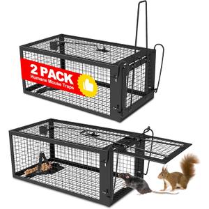 2 Packs Humane Rat Trap Outdoor Mouse Traps Indoor Use, Rodent Chipmunk Traps for Small Live Animal Catch and Release - Black