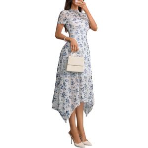 GothDark Women's Wedding Guest Floral Print Vintage Goth Dress Mesh Spliced Double-Layered Irregular Hemline Midi Dresses (Large)