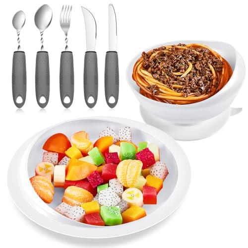 2 Sets Adaptive Utensils Bowl and Plate Set Adaptive Self Feeding Dinnerware with Suction Base Non Slip Bendable Cutlery for Elderly Disabled Hand Tremors Arthritis Parkinson(White)