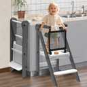 Foldable Toddler Tower, Toddler Kitchen Stool Helper with Safety Net, Wooden Kitchen Step Stool for Toddlers with Adjustable Height, Standing Tower for Learning and Cooking (Blue)