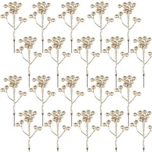 Fangoo 20 Pack 7 Inch Artificial Champagne Gold Berry Stems Christmas Champagne Gold Berries Picks Holly Berry Branches for Christmas Tree Ornaments DIY Crafts Wedding Holiday Season Winter Home Decor